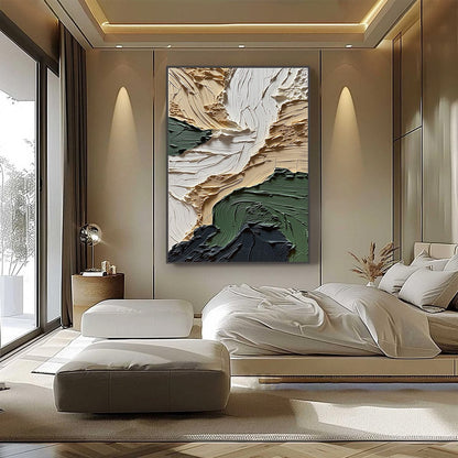 Terra Firma hand-painted beige, charcoal and sage green textured coastal landscape painting shown with black frame