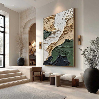 Terra Firma hand-painted beige, charcoal and sage green textured coastal landscape painting shown with wood frame
