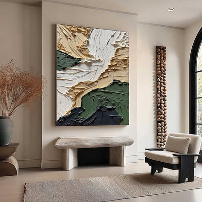 Terra Firma hand-painted beige, charcoal and sage green textured coastal landscape painting rolled canvas option
