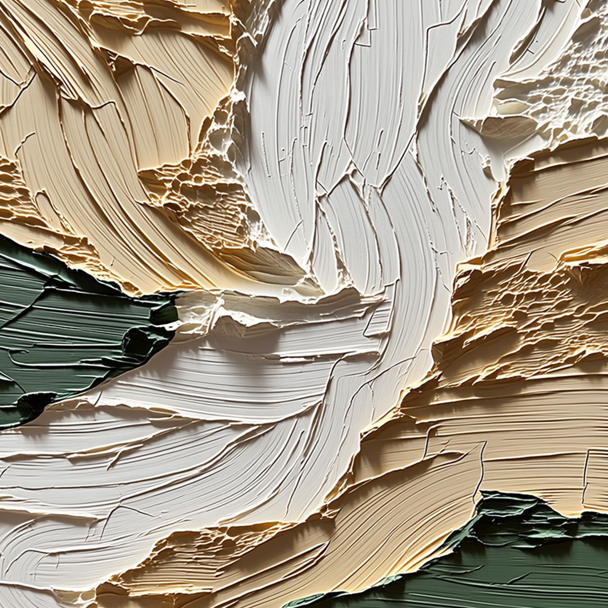 Terra Firma hand-painted beige, charcoal and sage green textured coastal landscape painting shown with gold frame