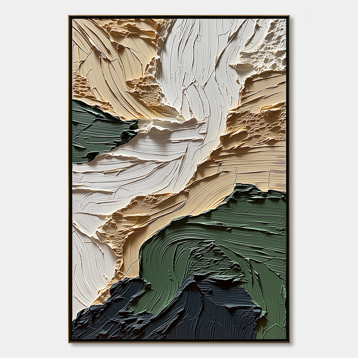 Terra Firma hand-painted beige, charcoal and sage green textured coastal landscape painting rolled canvas option