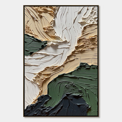 Terra Firma hand-painted beige, charcoal and sage green textured coastal landscape painting rolled canvas option