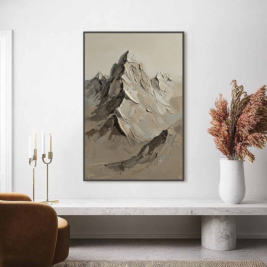 Terra Peak hand-painted terracotta, warm ochre and sand textured abstract mountain painting shown as stretched canvas