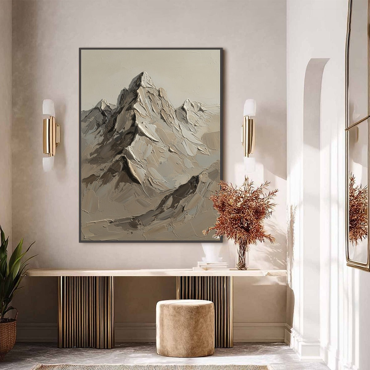 Terra Peak hand-painted terracotta, warm ochre and sand textured abstract mountain painting shown with silver frame