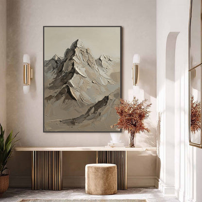 Terra Peak hand-painted terracotta, warm ochre and sand textured abstract mountain painting shown with silver frame