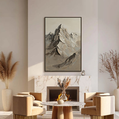 Terra Peak hand-painted terracotta, warm ochre and sand textured abstract mountain painting shown with black frame