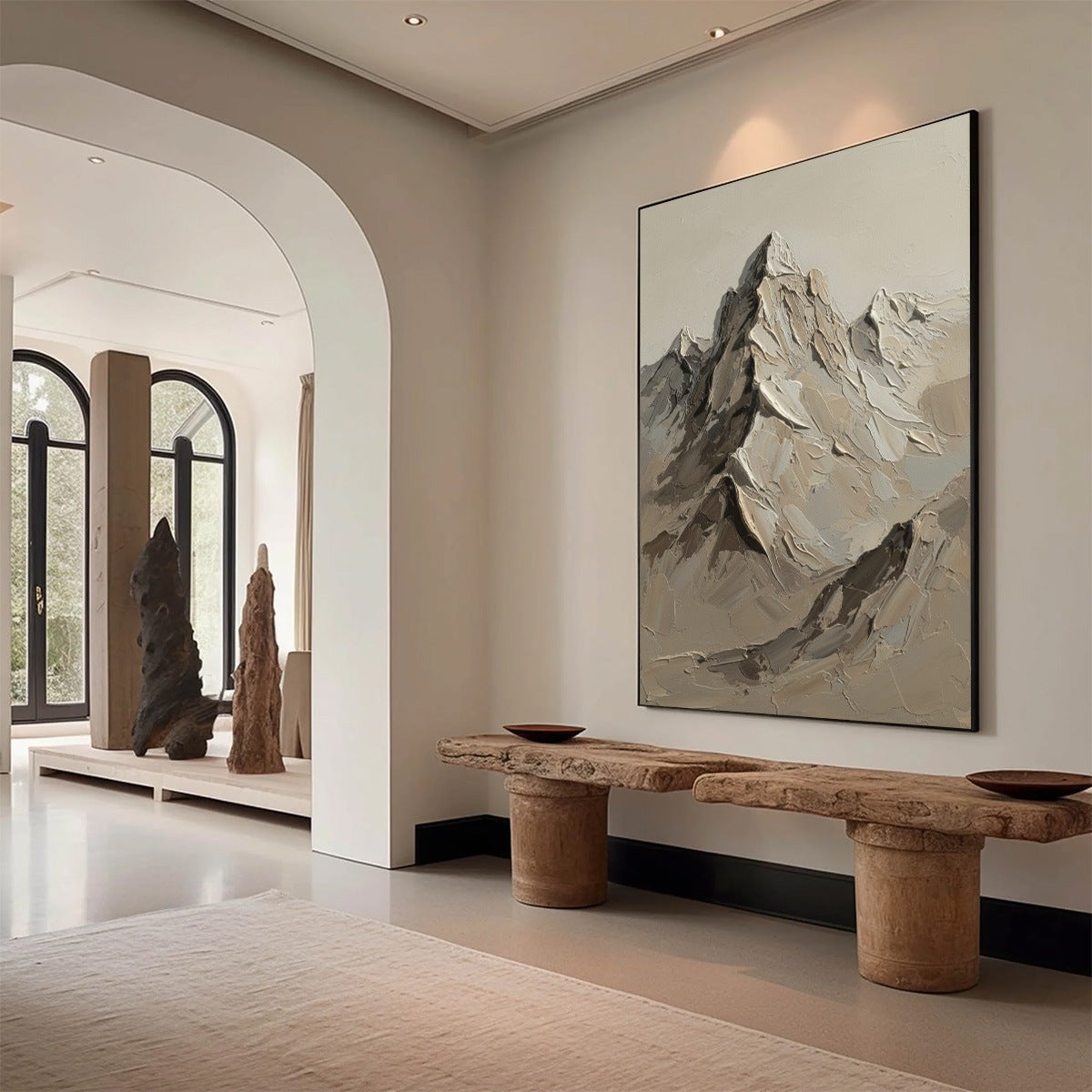 Terra Peak hand-painted terracotta, warm ochre and sand textured abstract mountain painting shown with wood frame