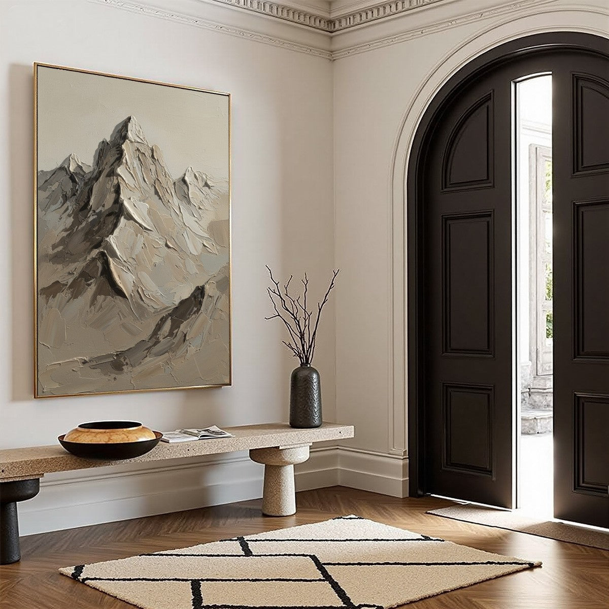 Terra Peak hand-painted terracotta, warm ochre and sand textured abstract mountain painting rolled canvas option