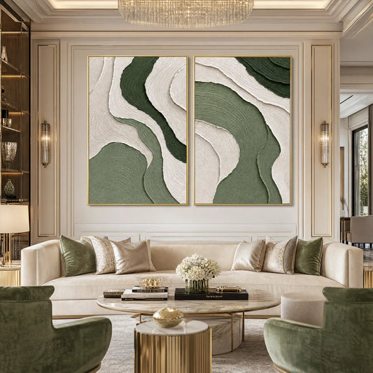 Terra hand-painted beige and sage green textured coastal abstract painting shown as stretched canvas