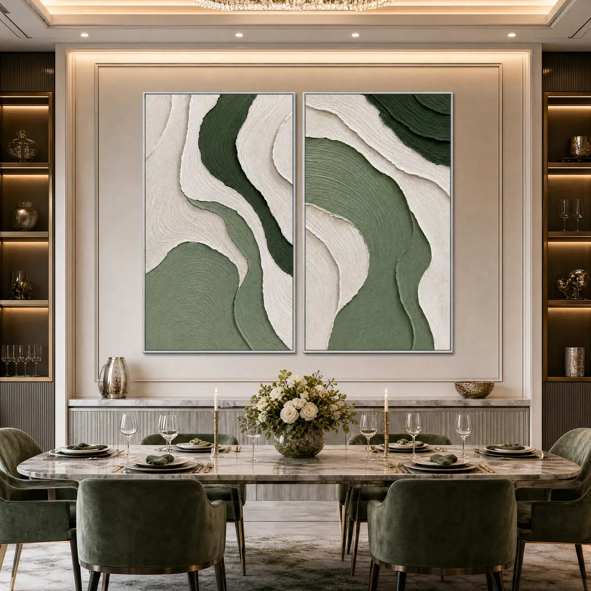 Terra hand-painted beige and sage green textured coastal abstract painting shown with silver frame