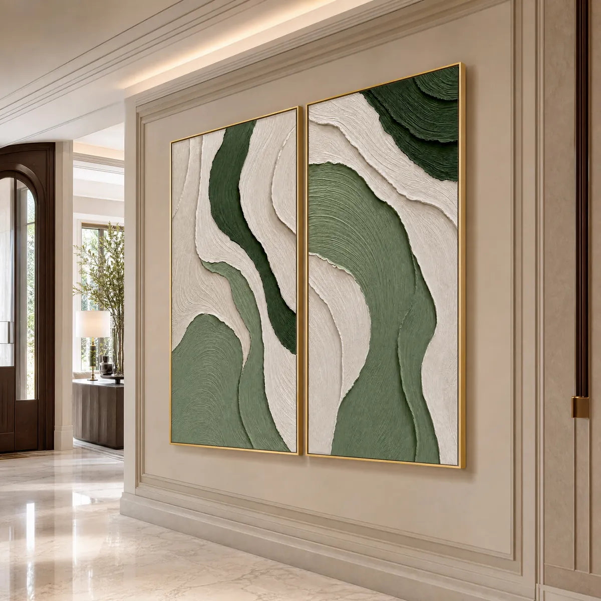 Terra hand-painted beige and sage green textured coastal abstract painting shown with white frame