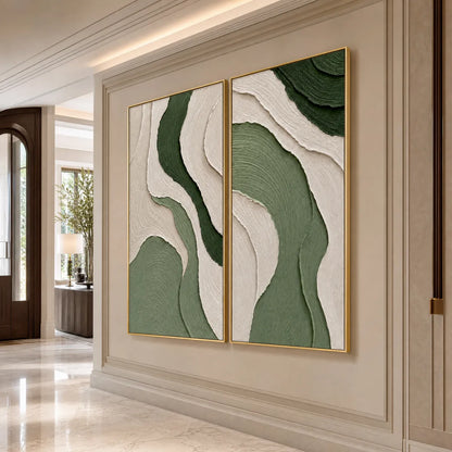 Terra hand-painted beige and sage green textured coastal abstract painting shown with white frame