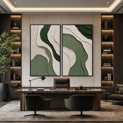 Terra hand-painted beige and sage green textured coastal abstract painting shown with black frame