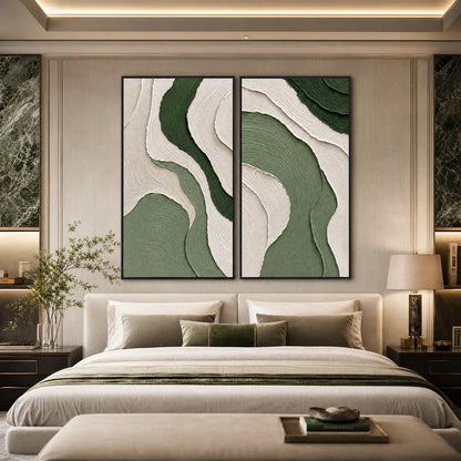 Terra hand-painted beige and sage green textured coastal abstract painting shown with wood frame