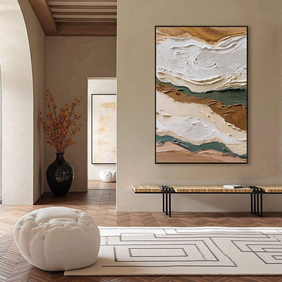 Terra Veins hand-painted beige, green and earth brown textured coastal landscape painting shown with silver frame