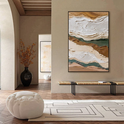 Terra Veins hand-painted beige, green and earth brown textured coastal landscape painting shown with silver frame