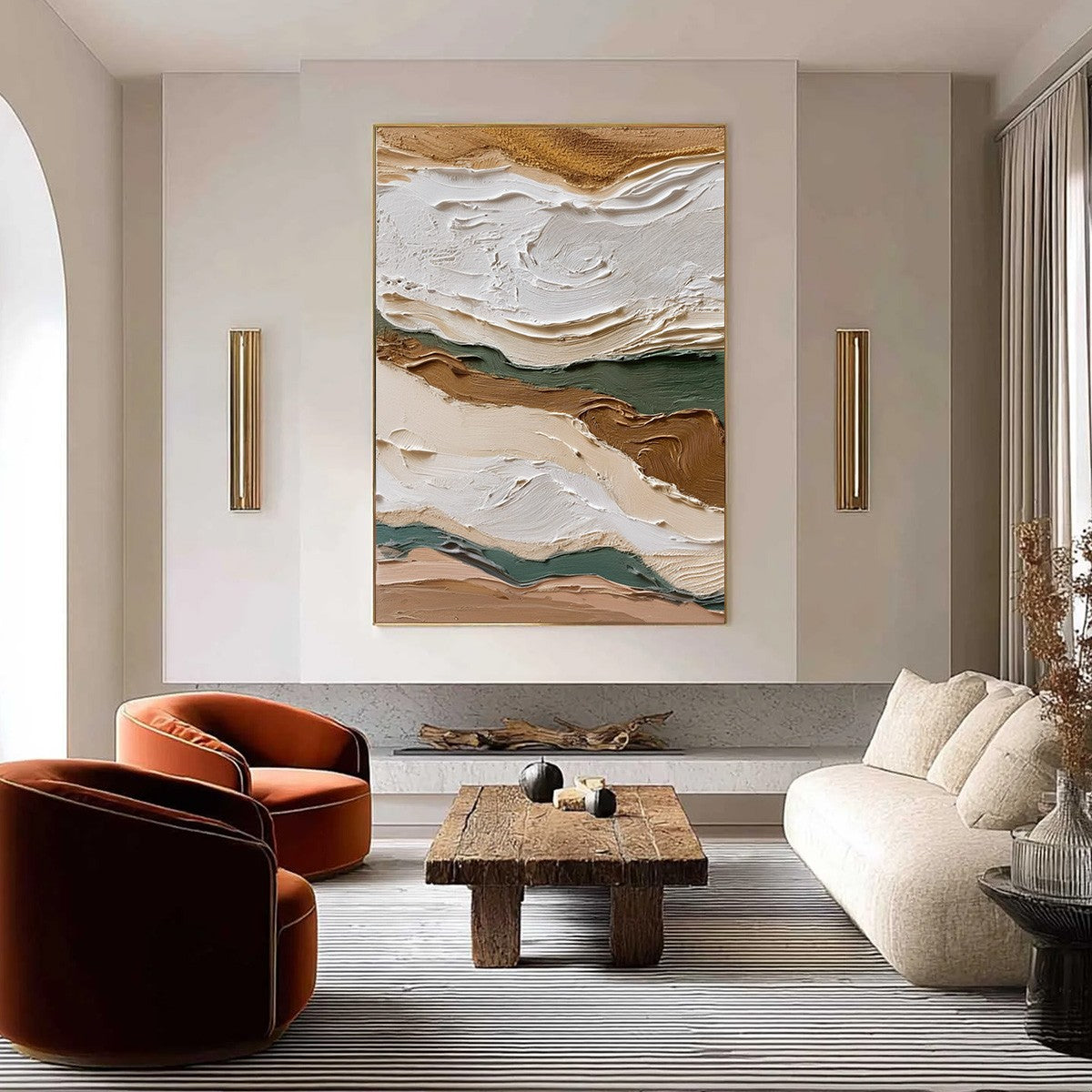 Terra Veins hand-painted beige, green and earth brown textured coastal landscape painting shown as stretched canvas