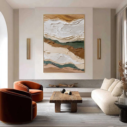Terra Veins hand-painted beige, green and earth brown textured coastal landscape painting shown as stretched canvas