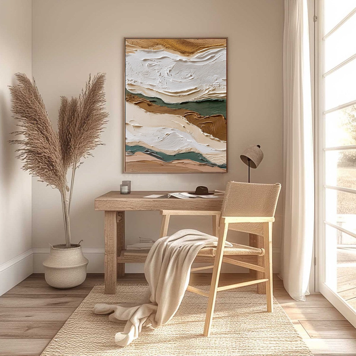 Terra Veins hand-painted beige, green and earth brown textured coastal landscape painting shown with black frame