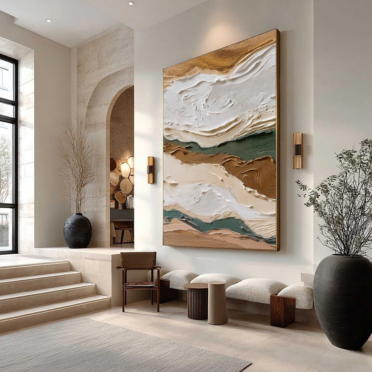 Terra Veins hand-painted beige, green and earth brown textured coastal landscape painting shown with wood frame