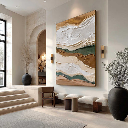Terra Veins hand-painted beige, green and earth brown textured coastal landscape painting shown with wood frame