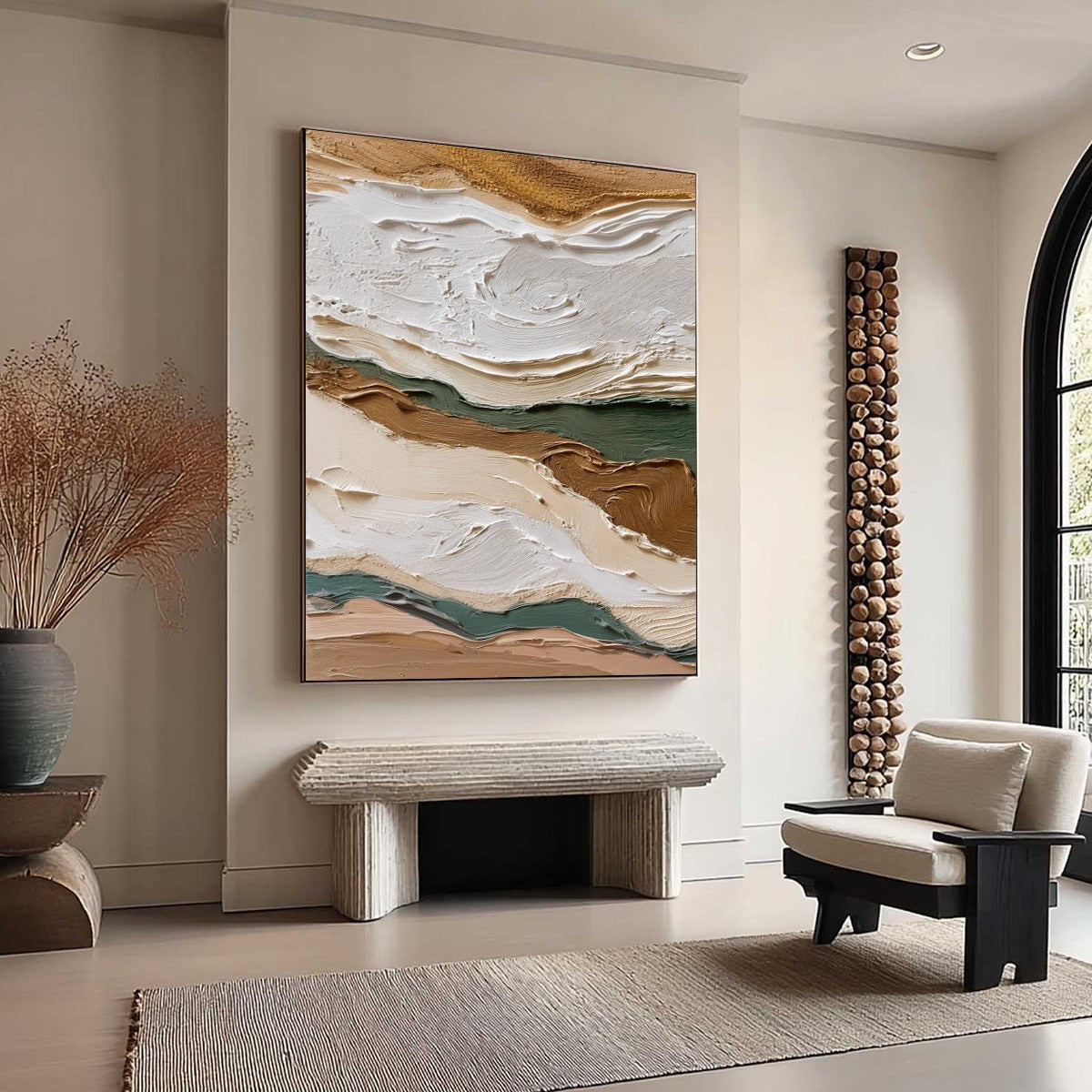 Terra Veins hand-painted beige, green and earth brown textured coastal landscape painting rolled canvas option