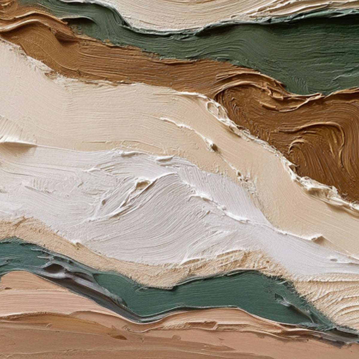 Terra Veins hand-painted beige, green and earth brown textured coastal landscape painting shown with gold frame