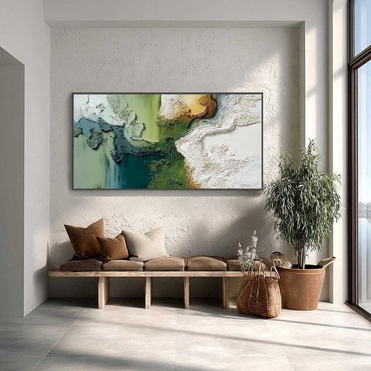 Terra Verde hand-painted ocean blue, ivory and soft neutral tones textured beach scene painting shown as stretched canvas
