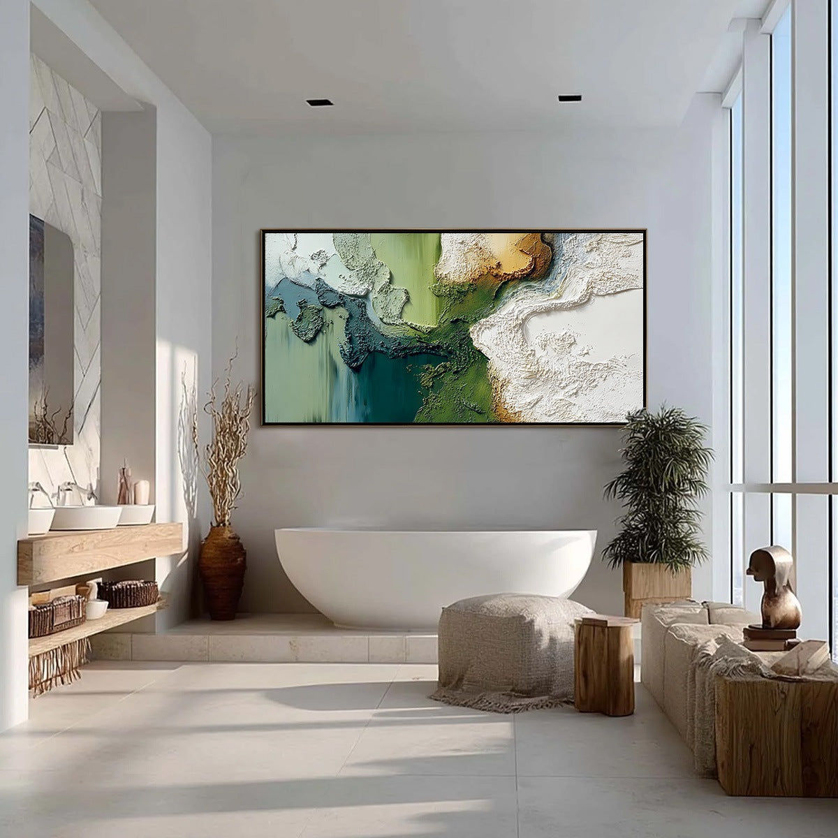 Terra Verde hand-painted ocean blue, ivory and soft neutral tones textured beach scene painting shown with silver frame