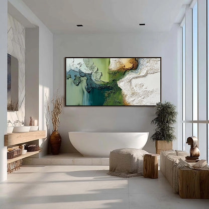 Terra Verde hand-painted ocean blue, ivory and soft neutral tones textured beach scene painting shown with silver frame