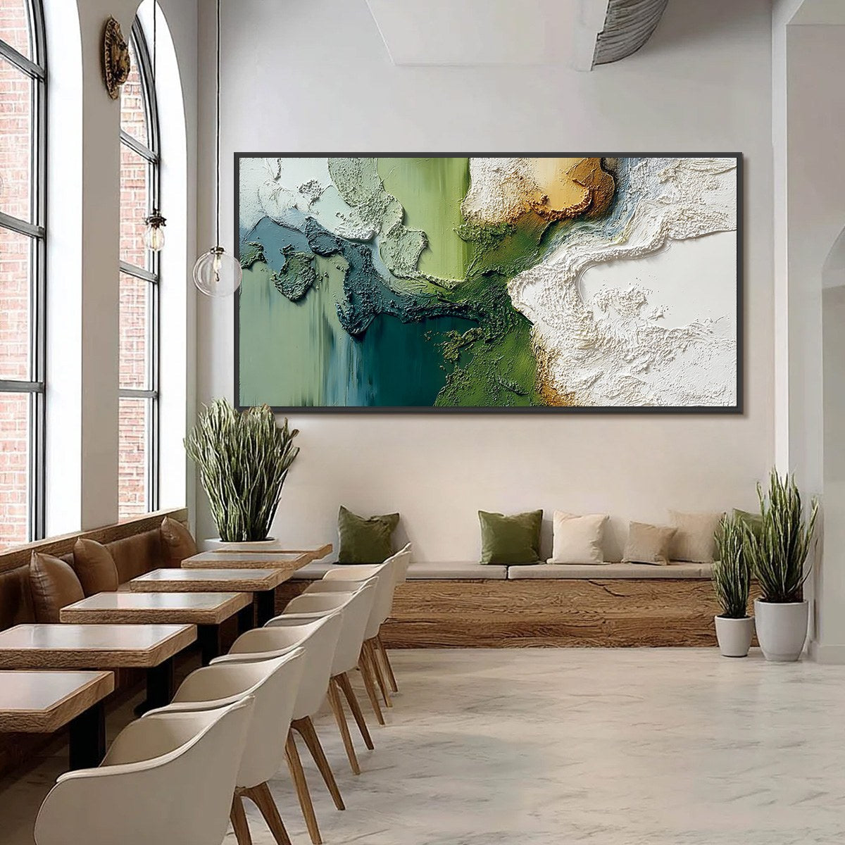 Terra Verde hand-painted ocean blue, ivory and soft neutral tones textured beach scene painting shown with black frame