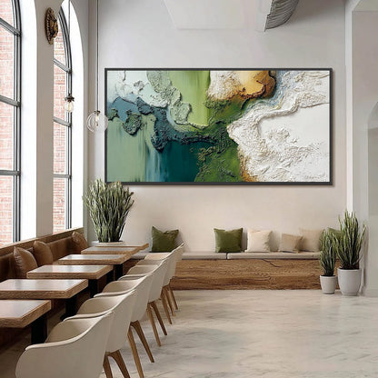 Terra Verde hand-painted ocean blue, ivory and soft neutral tones textured beach scene painting shown with black frame