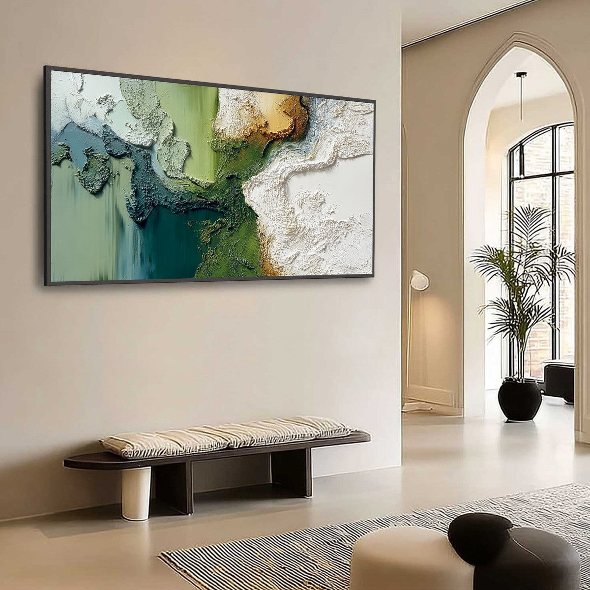 Terra Verde hand-painted ocean blue, ivory and soft neutral tones textured beach scene painting shown with wood frame