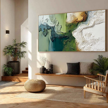 Terra Verde hand-painted ocean blue, ivory and soft neutral tones textured beach scene painting rolled canvas option