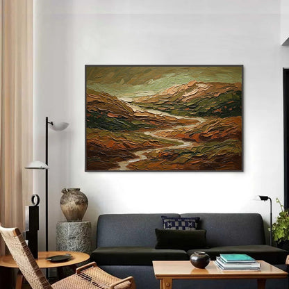 Terra Vista hand-painted green and ivory textured abstract mountain painting shown as stretched canvas