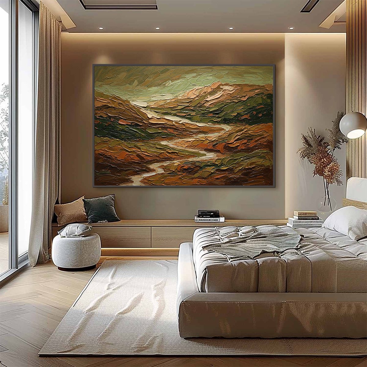 Terra Vista hand-painted green and ivory textured abstract mountain painting shown with silver frame