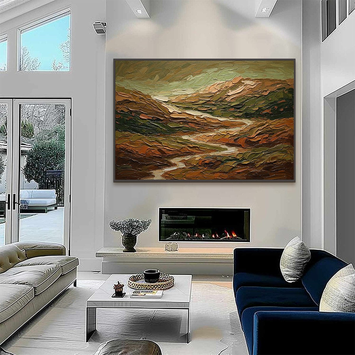Terra Vista hand-painted green and ivory textured abstract mountain painting shown with black frame