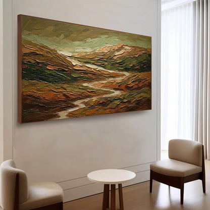 Terra Vista hand-painted green and ivory textured abstract mountain painting shown with wood frame