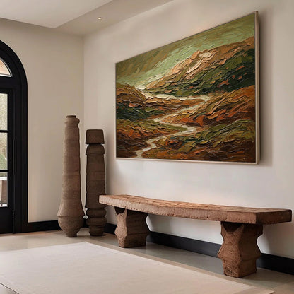 Terra Vista hand-painted green and ivory textured abstract mountain painting rolled canvas option