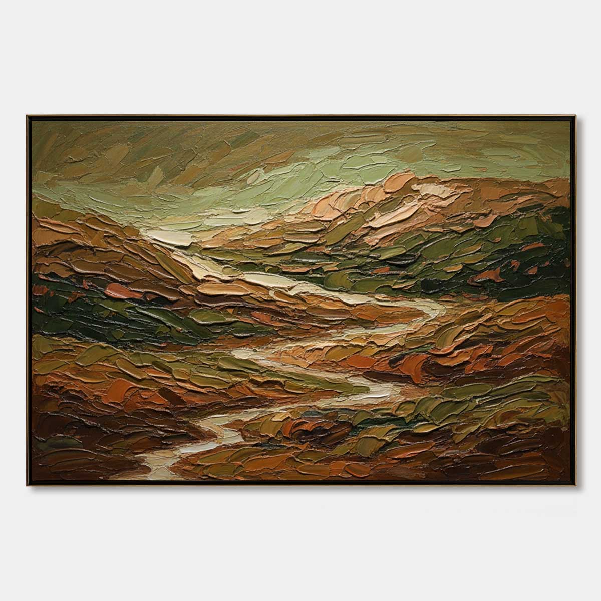Terra Vista hand-painted green and ivory textured abstract mountain painting rolled canvas option