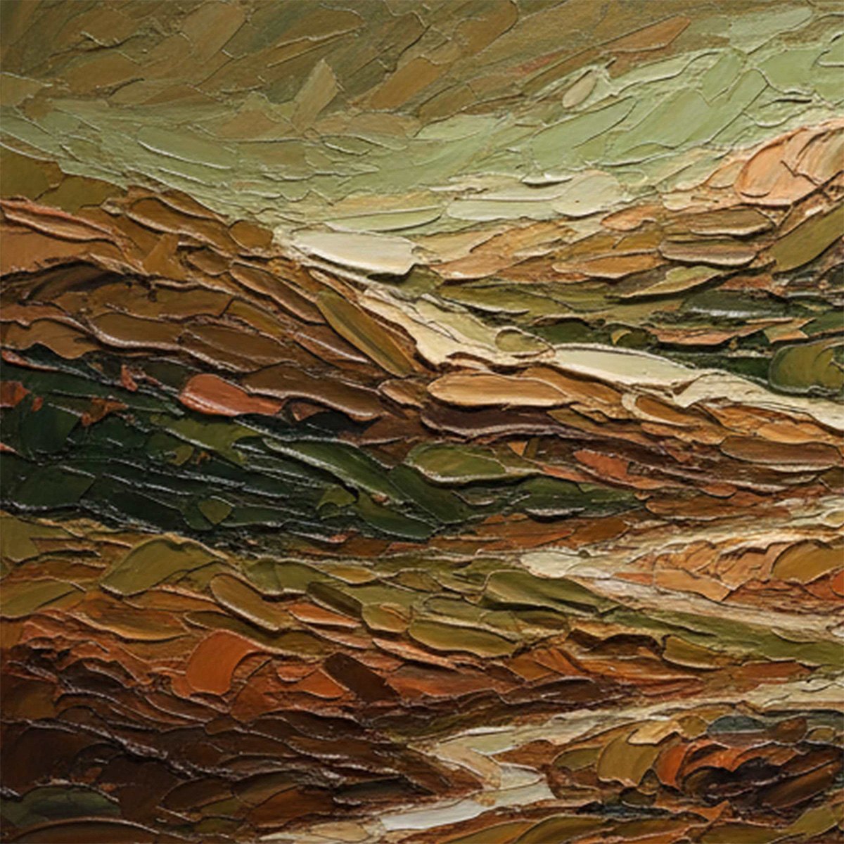 Terra Vista hand-painted green and ivory textured abstract mountain painting shown with gold frame
