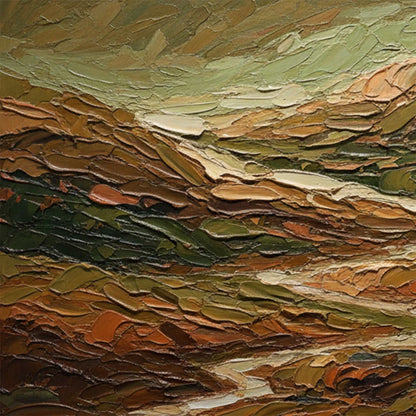 Terra Vista hand-painted green and ivory textured abstract mountain painting shown with gold frame