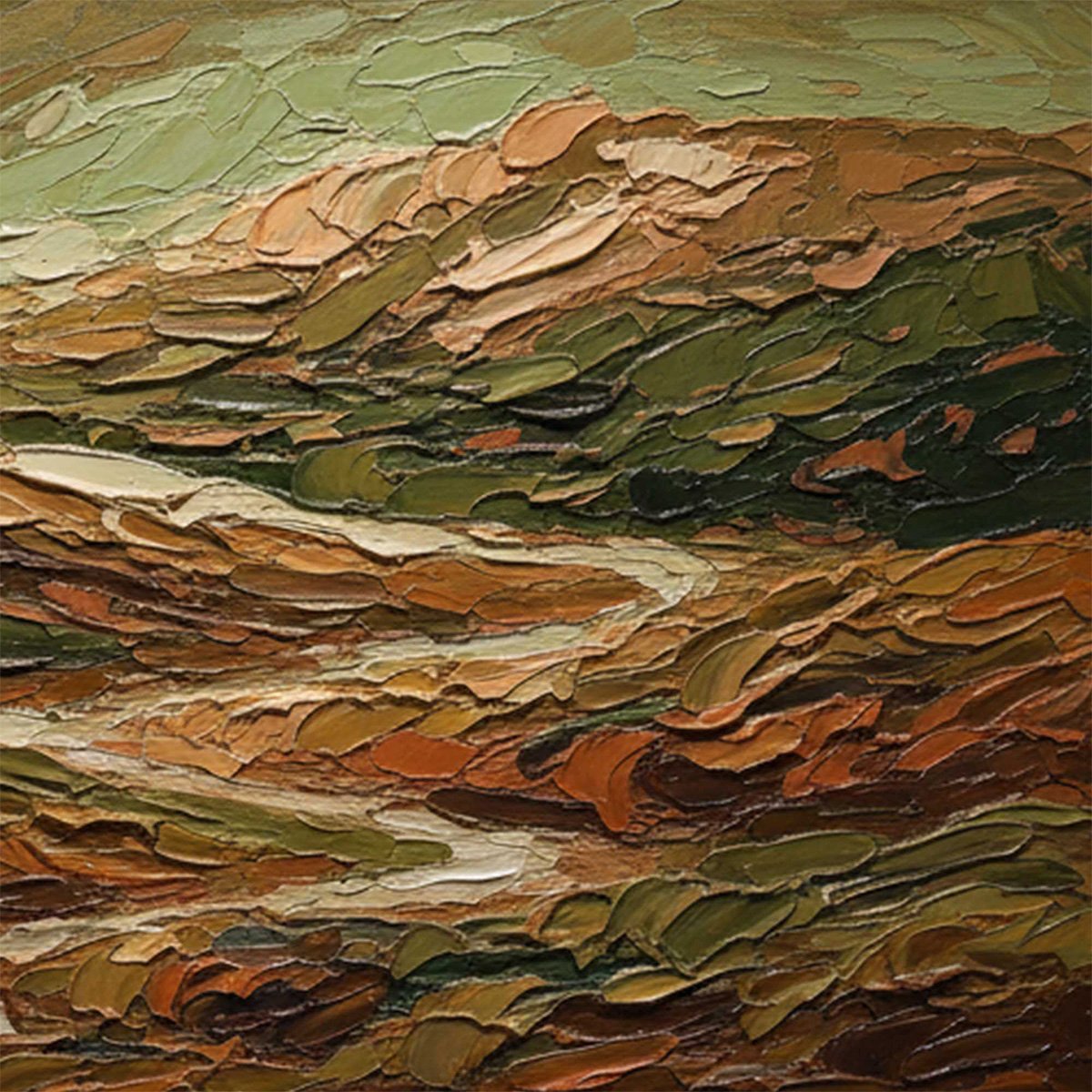 Terra Vista hand-painted green and ivory textured abstract mountain painting shown with white frame