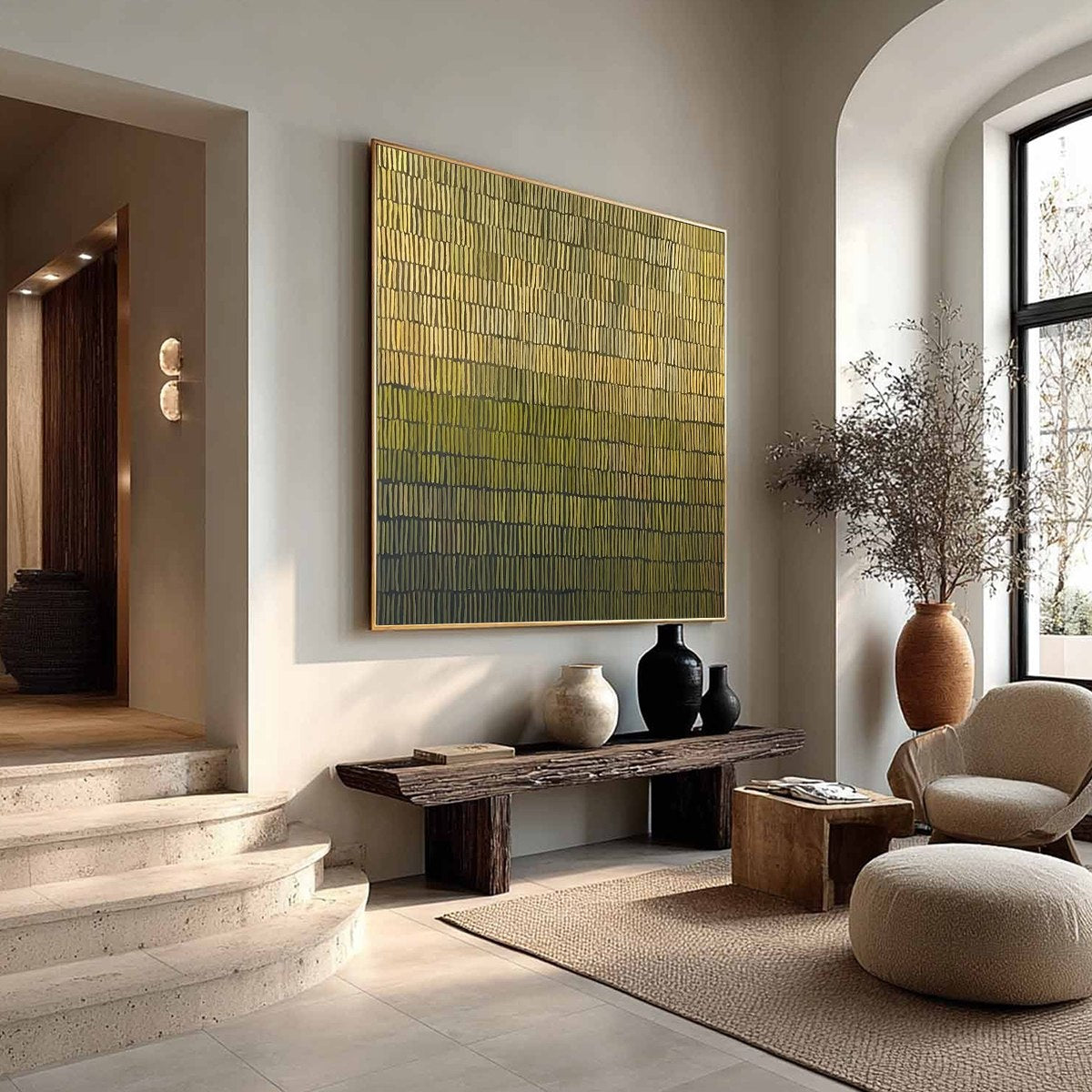 Olive Wabi-Sabi Sunset Oil Painting – Terraced Serenity