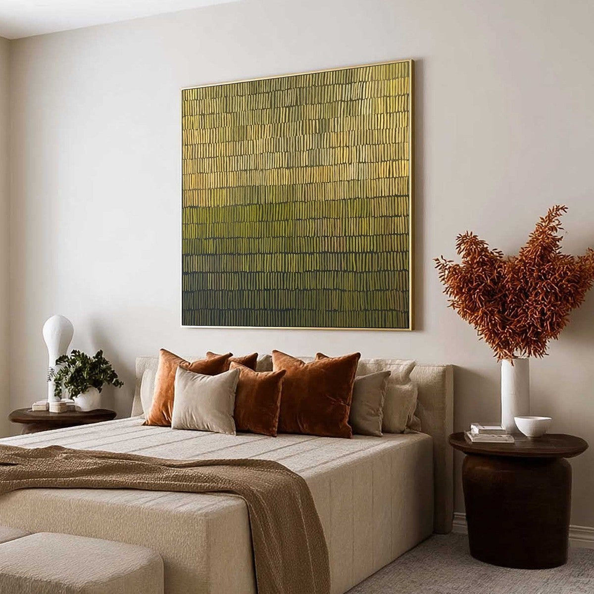 Olive Wabi-Sabi Sunset Oil Painting – Terraced Serenity