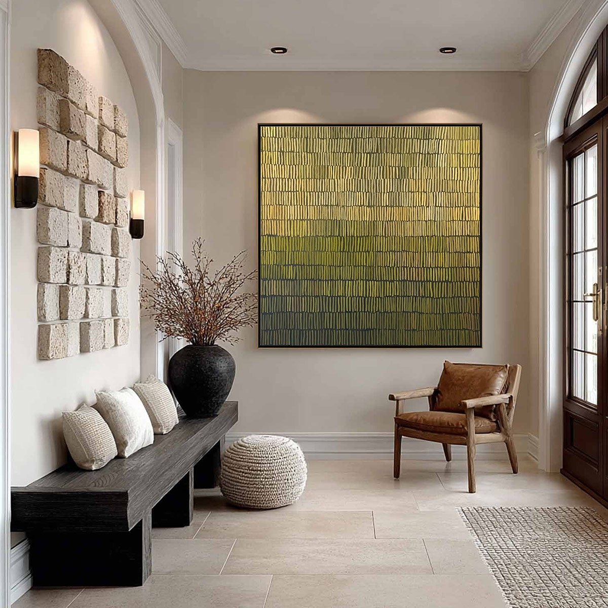 Olive Wabi-Sabi Sunset Oil Painting – Terraced Serenity