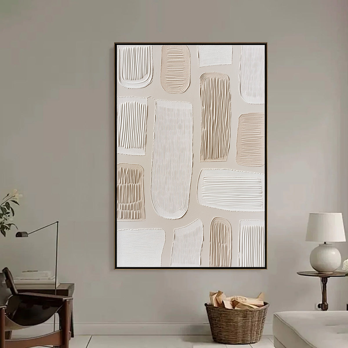 White and Beige Wabi-Sabi Landscape Impasto Oil Painting – Terraforms by Javier Ramirez