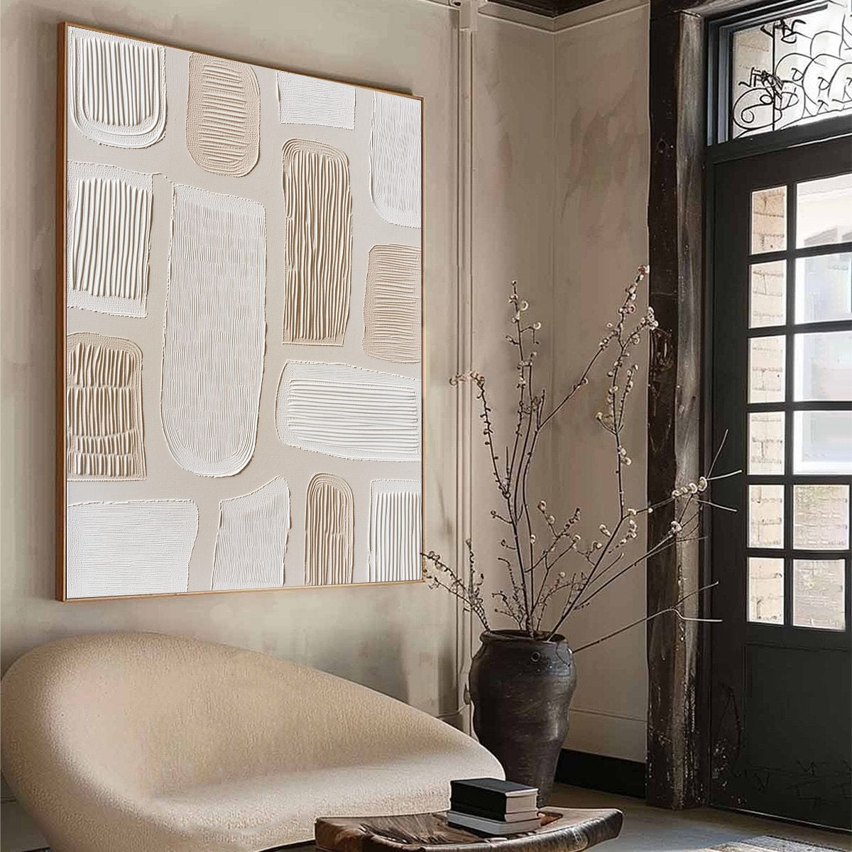 White and Beige Wabi-Sabi Landscape Impasto Oil Painting – Terraforms by Javier Ramirez