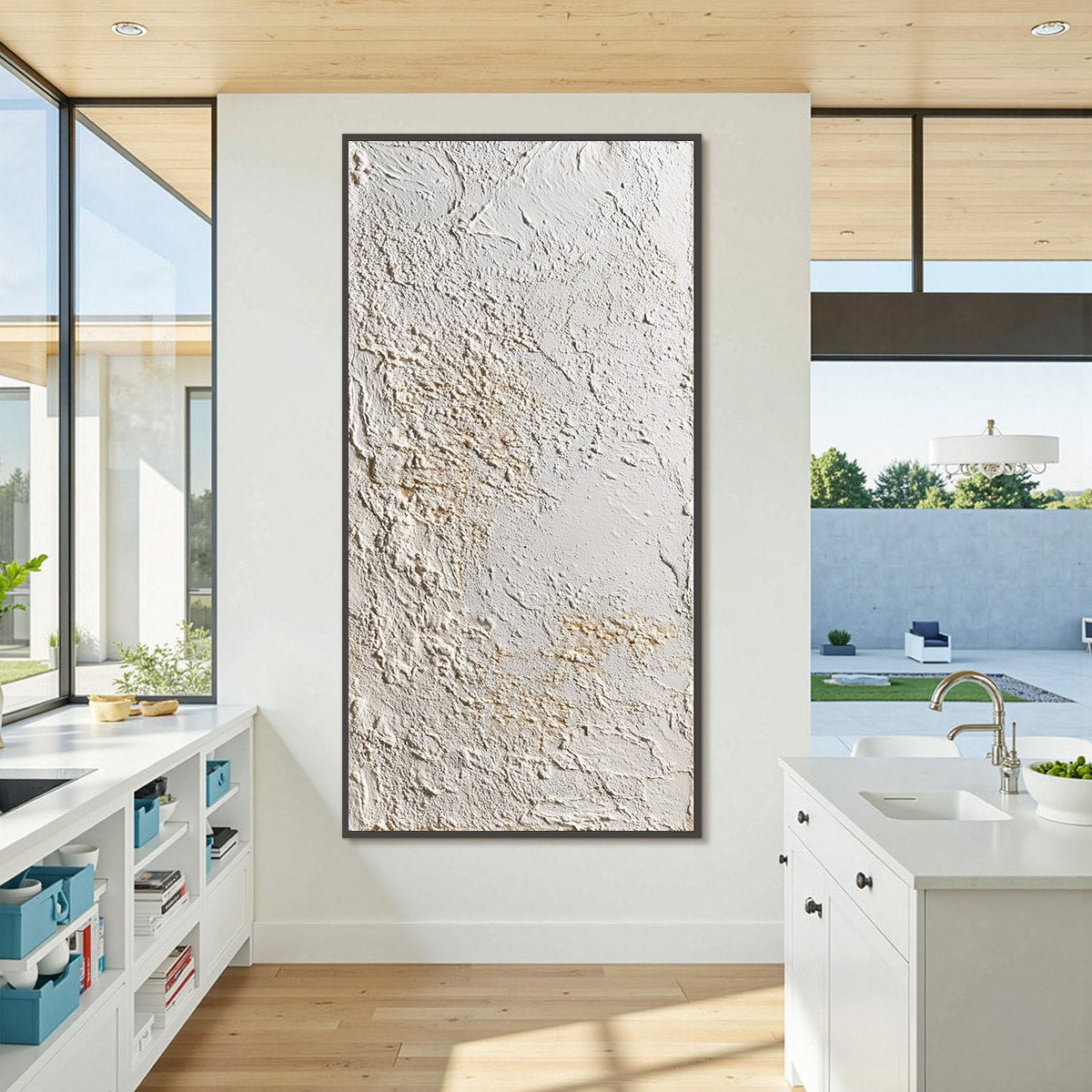 Terra Alba hand-painted white and beige textured coastal abstract painting shown with silver frame