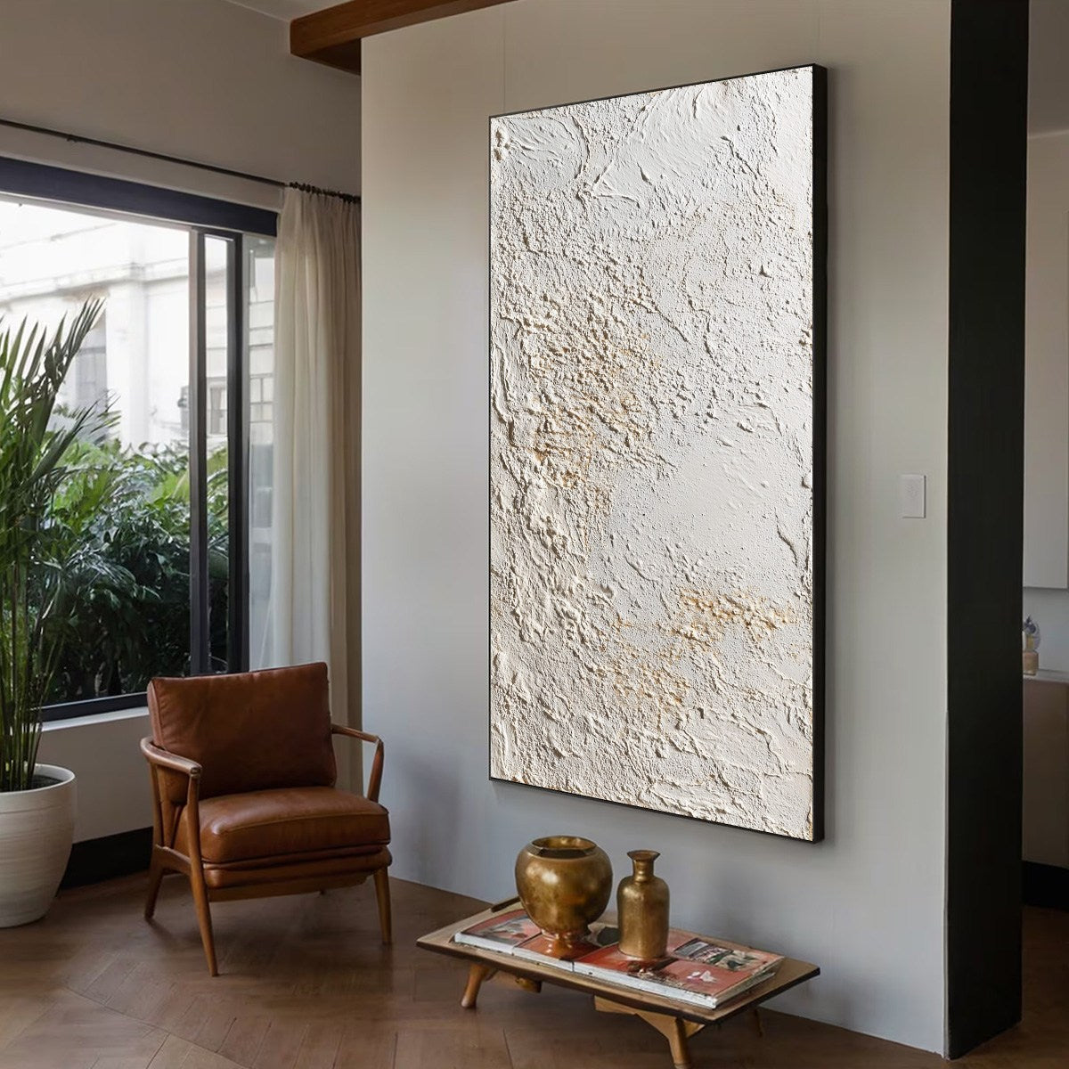 Terra Alba hand-painted white and beige textured coastal abstract painting shown with wood frame